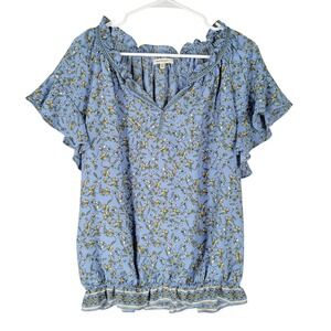 Max Studio Blouse Women Size M Blue Floral Excellent Smocked Hem Flutter Sleeve